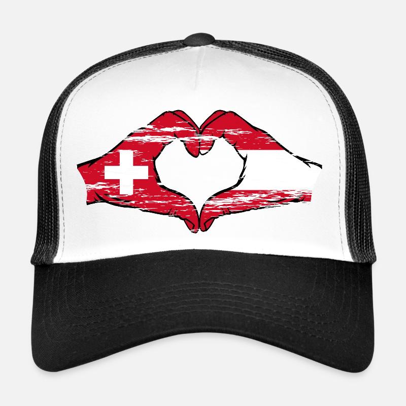 Suisse Autriche Drapeau Mains Forme de coeur utilisé Casquette trucker 