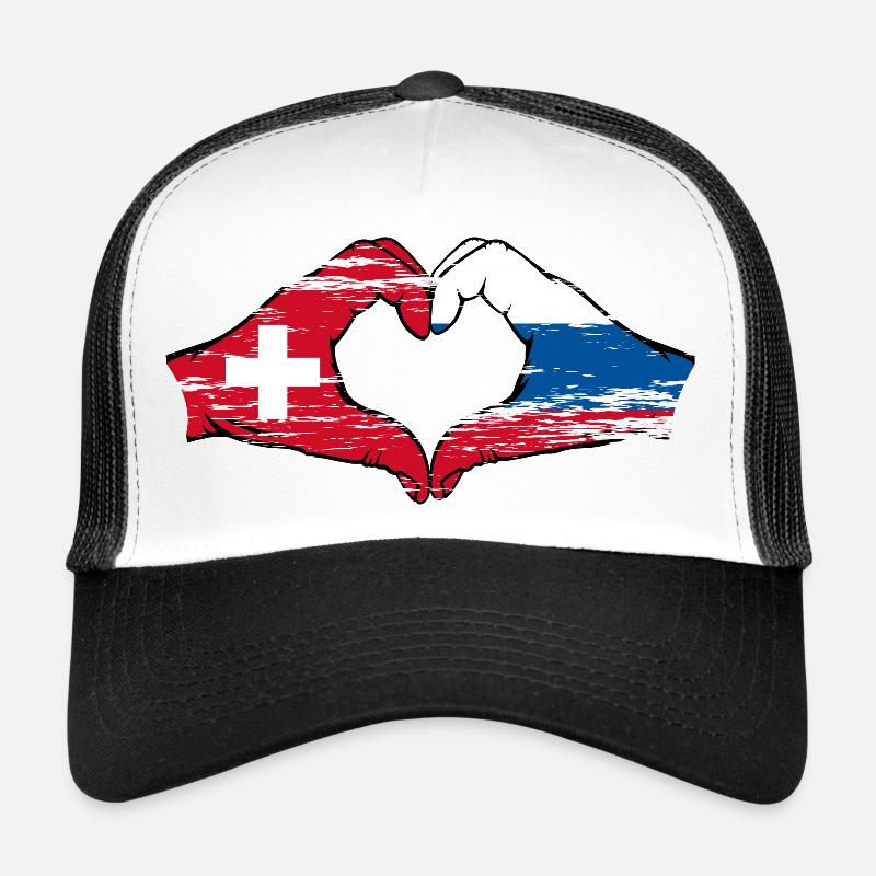 Suisse Russie Drapeau Mains Coeur Forme Utilisé Casquette trucker 