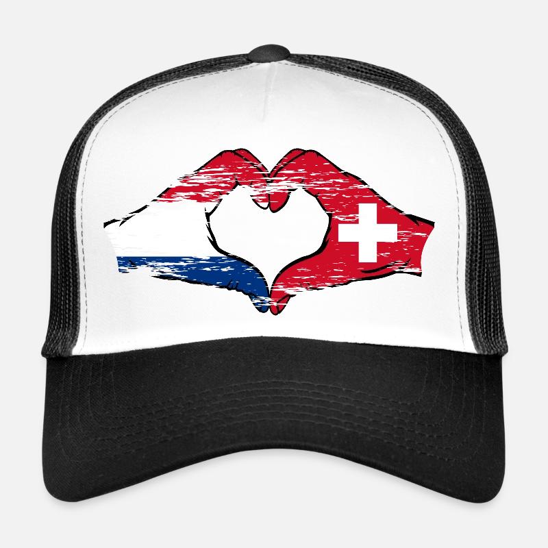 Hollande Suisse Drapeau Mains Coeur Forme Utilisé Casquette trucker 