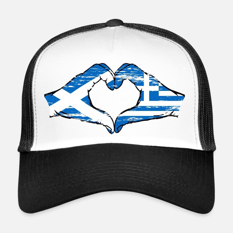 Mains de drapeau de l’Écosse Grèce en forme de coeur utilisé Casquette trucker 