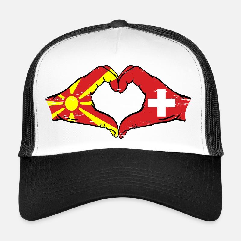Macédoine Suisse Drapeau Mains Coeur Forme Utilisé Casquette trucker 