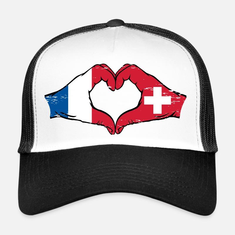 France Suisse Drapeau Mains Coeur Forme Utilisé Casquette trucker 