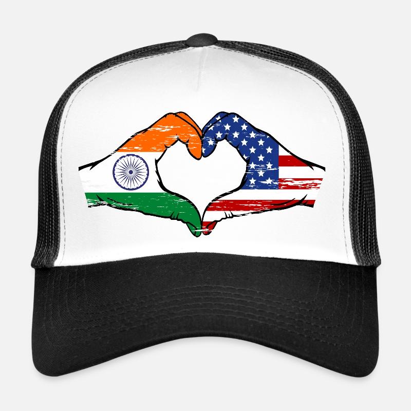 India USA Flag Hands Heart Shape Used Trucker Cap
