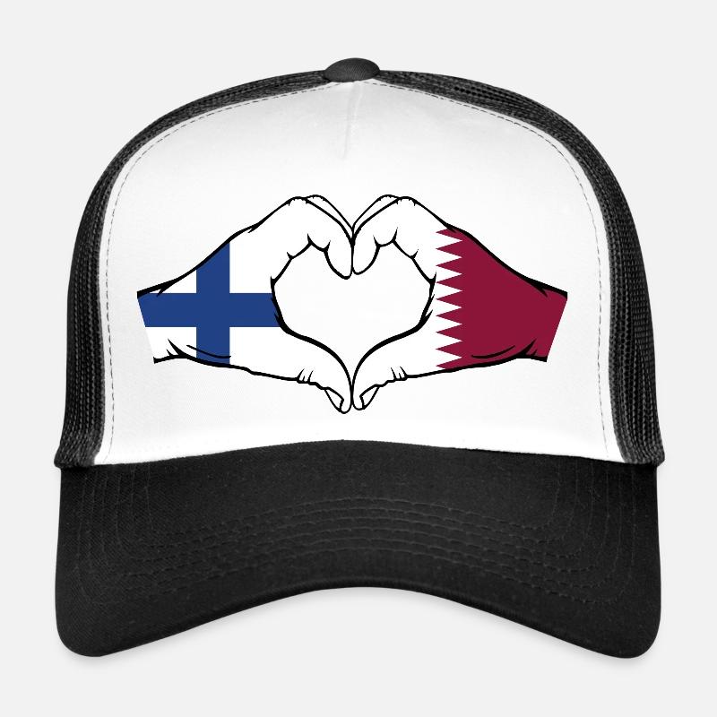 Finland Qatar Flag Hands Heart Shape Trucker Cap