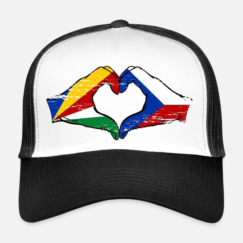 Seychelles Czech Republic Flag Hands Heart Shape Used Trucker Cap