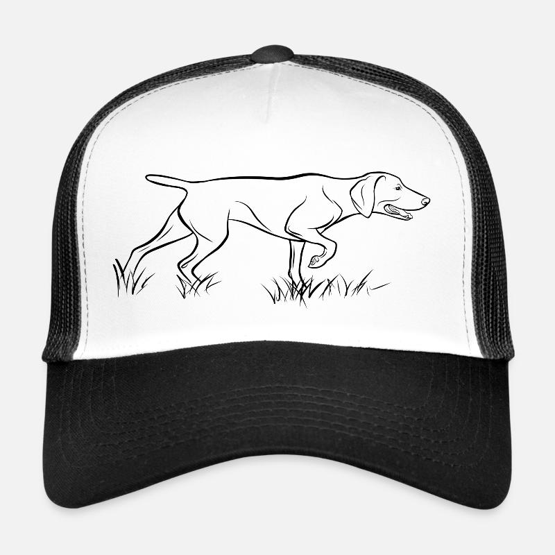 Weimaraner above Trucker Cap