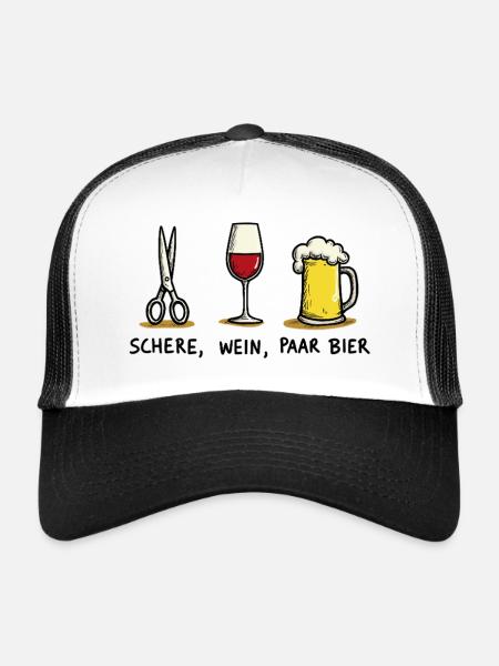 Schere Wein Paar Bier Lustiges Party Wortspiel - Trucker Cap - Weiß/Schwarz - Vorne