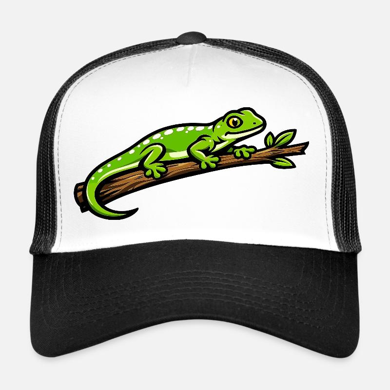 Gecko vert sur branche – illustration éclatante - Casquette trucker  - blanc/noir