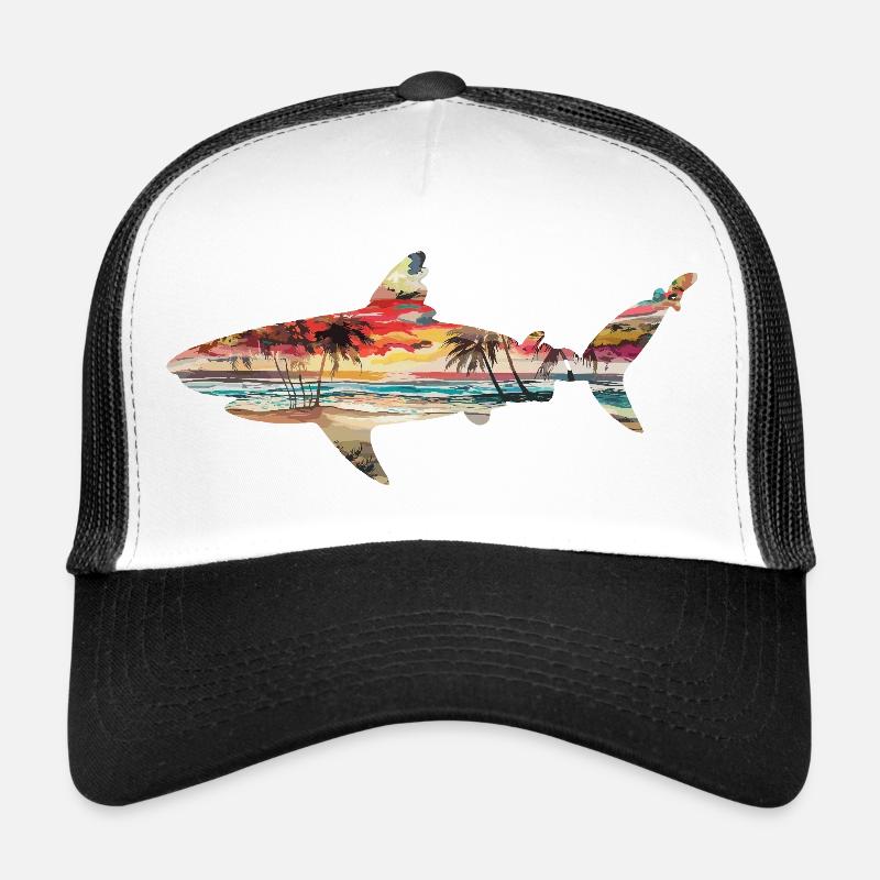 Coucher de requins Palmiers Plage Idylle tropicale Casquette trucker 