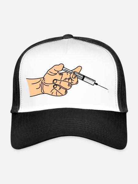 Seringue avec goutte à goutte sortant dans la main - Casquette trucker  - blanc/noir - Devant