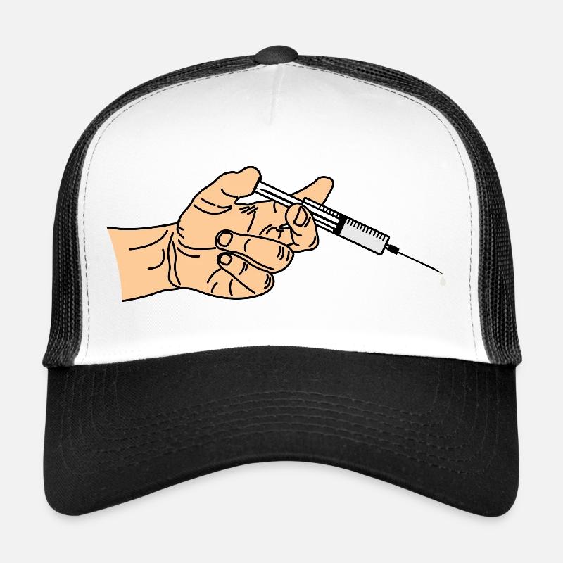 Syringe with coming out in hand Trucker Cap