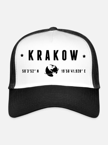 Krakow GPS Coordinates Globe Modern Typography - Trucker Cap - white/black - Front