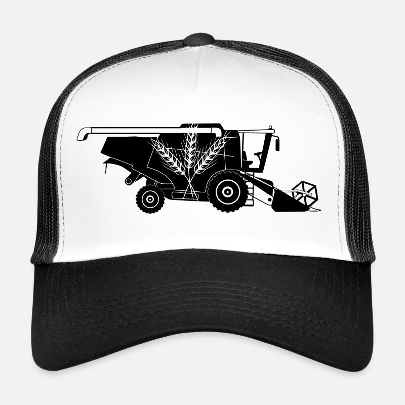 Combine Harvester with Three Grain Stalks Logo Trucker Cap