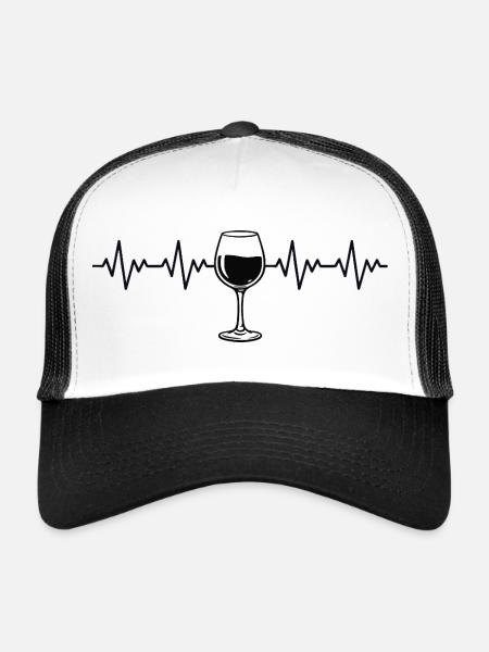 verre à vin, buveur de vin, vin, vin rouge, ECG, rythme cardiaque - Casquette trucker  - blanc/noir - Devant