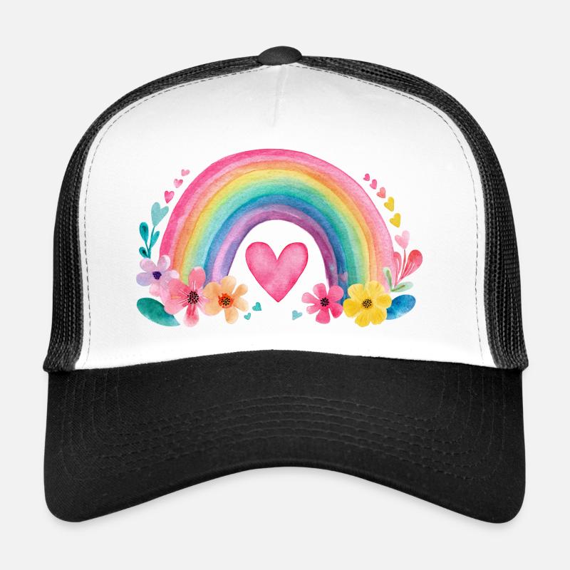 Regenbogen mit Herz & Blumen – Aquarell Liebe Trucker Cap