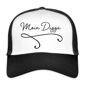 Moin Digga/Digger. Hamburg, Nordsee + Ostsee - Trucker Cap - Weiß/Schwarz - Vorne