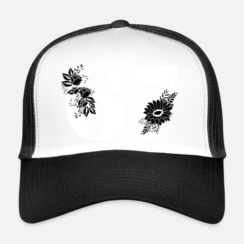 Nummer 67 Schwarze Blumen - 67. Blumengeburtstag - Trucker Cap - Weiß/Schwarz