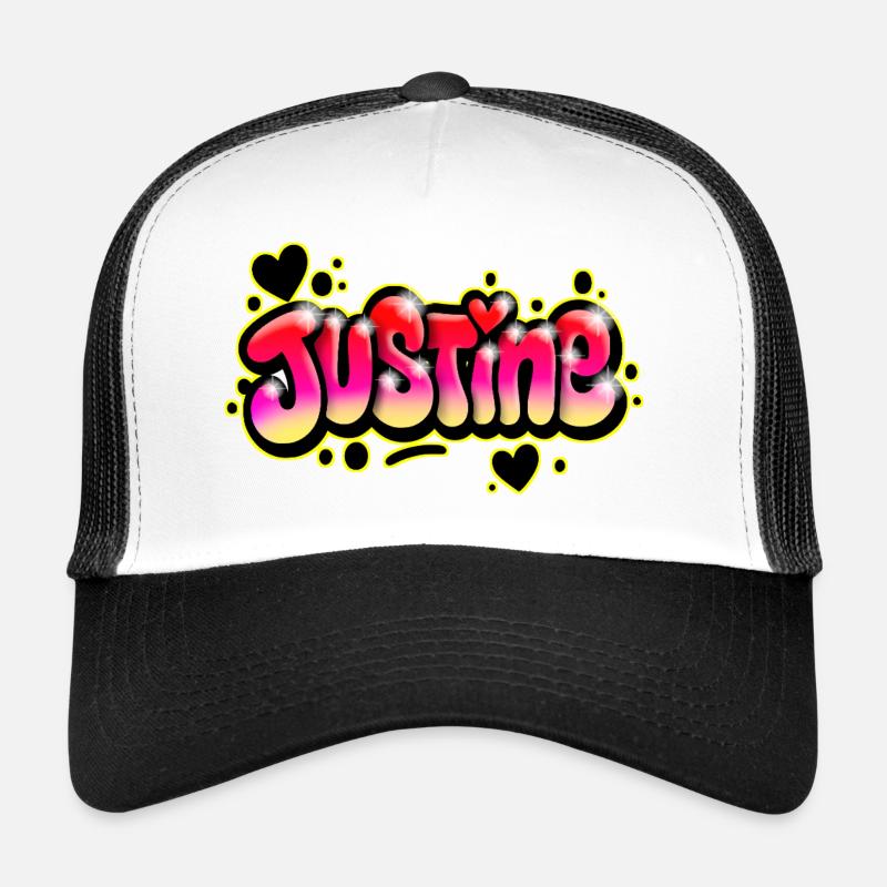 Justine Graffiti Name Druckbare Blasen Herzen Trucker Cap