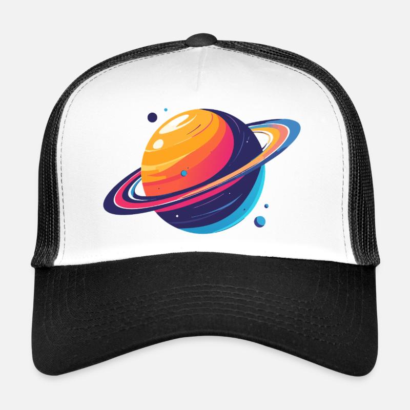 Neon Planet Cosmos Planet with Ring and Moons Trucker Cap