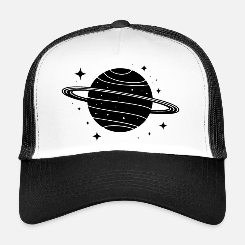 Minimalist Planet with Ring – Black Space Trucker Cap