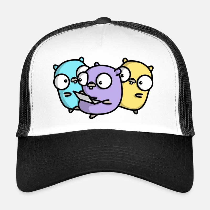 Drei niedliche Gopher beim Pair Programming Trucker Cap