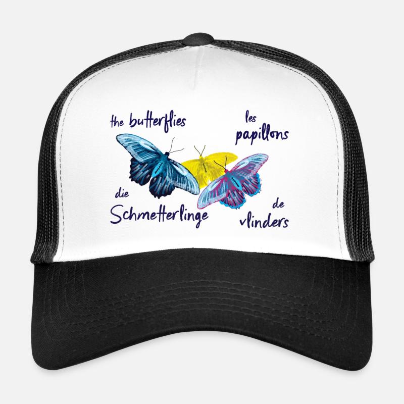 Bunte Schmetterlinge, 4 Sprachen - Trucker Cap - Weiß/Schwarz