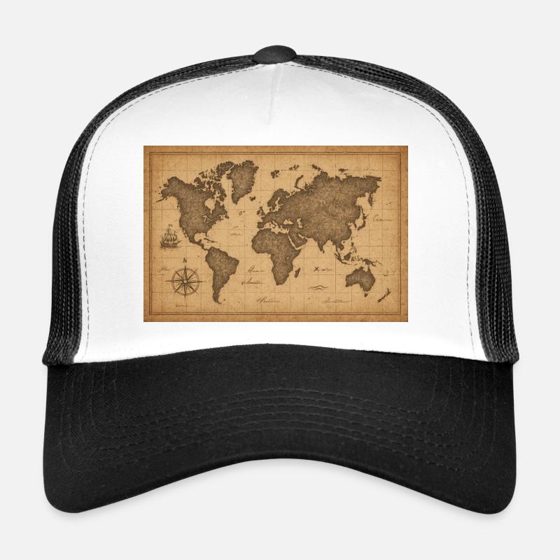 Vintage World Map Sepia Nautical - Trucker Cap - white/black