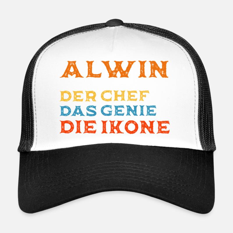 Alwin Vorname - Personalisiert Chef Ikone - Trucker Cap - Weiß/Schwarz
