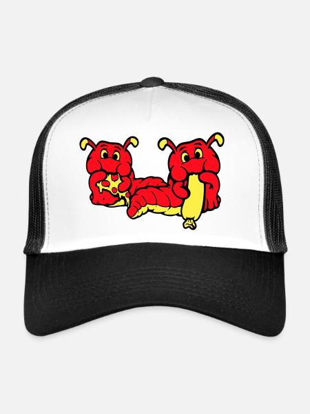 2 Caterpillars Worm Happy Eating Pizza Sausage Eating - Trucker Cap - white/black - Front