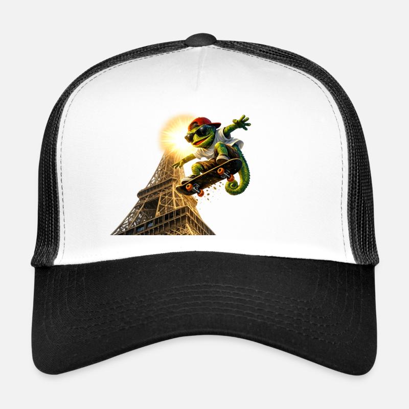 Skatendes Chamelion beim Eifelturm - Trucker Cap - Weiß/Schwarz