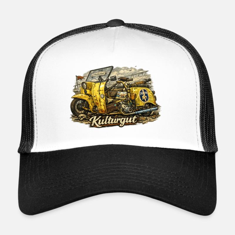 Kulturgut Gelber Oldtimer-Sidecar - Trucker Cap - Weiß/Schwarz