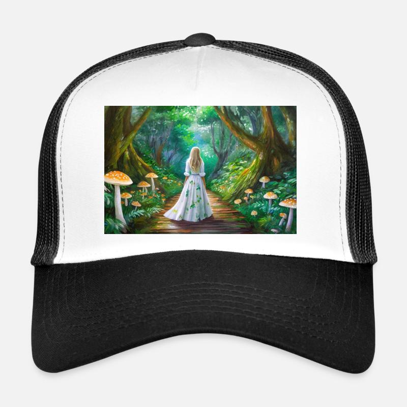 Fille dans la forêt de conte de fées avec des champignons Casquette trucker 