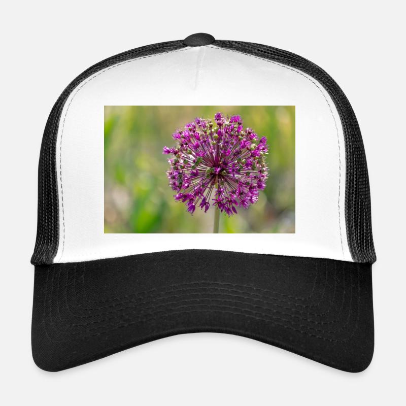 Gros plan d’une fleur violette - Poireau géant - Casquette trucker - blanc/noir
