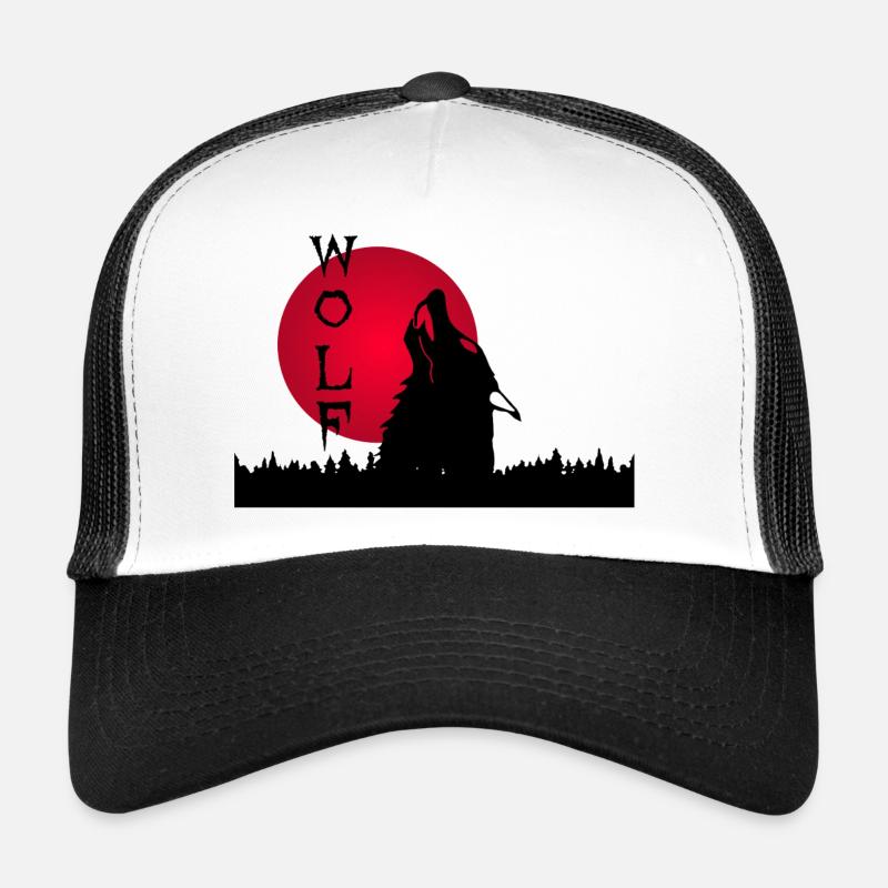 Black wolf, forest and sunset Trucker Cap