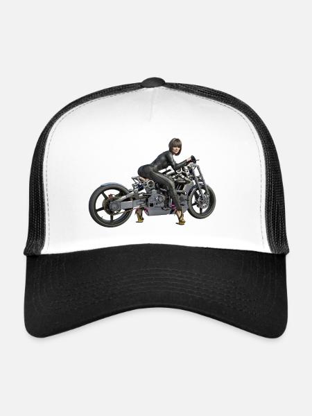 Biker girl, Femme sexy avec moto - Casquette trucker  - blanc/noir - Devant