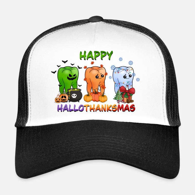 Happy Hallothanksmas Funny Teeth Design Trucker Cap