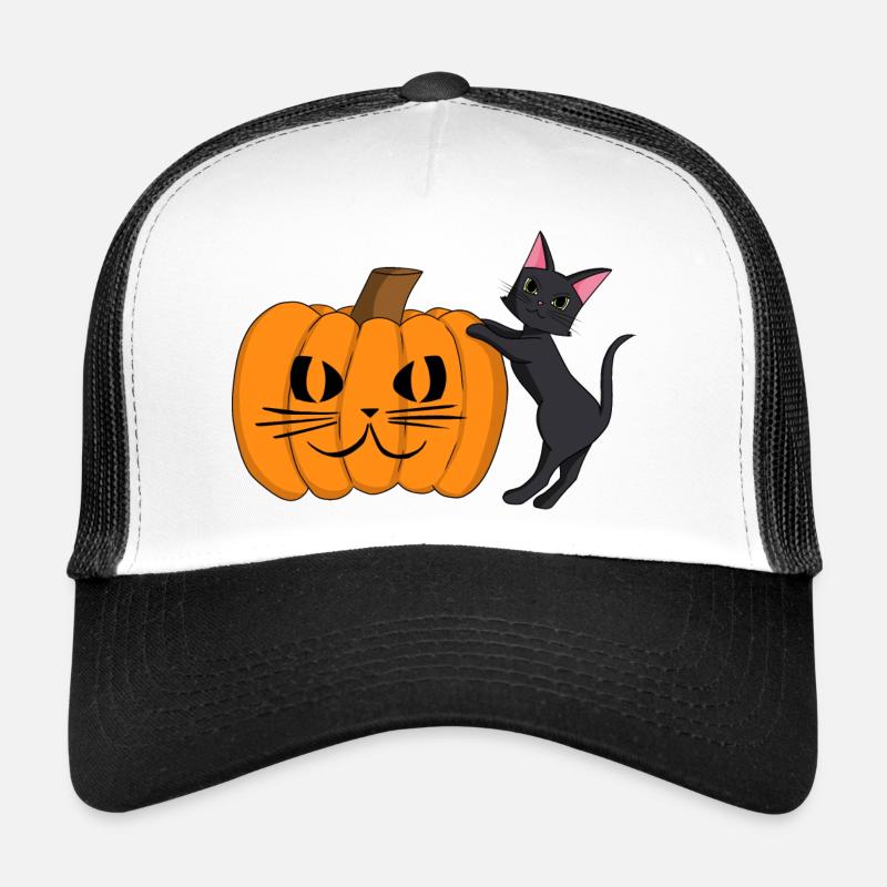 Schwarz Katze mit Kürbis Fratze Trucker Cap