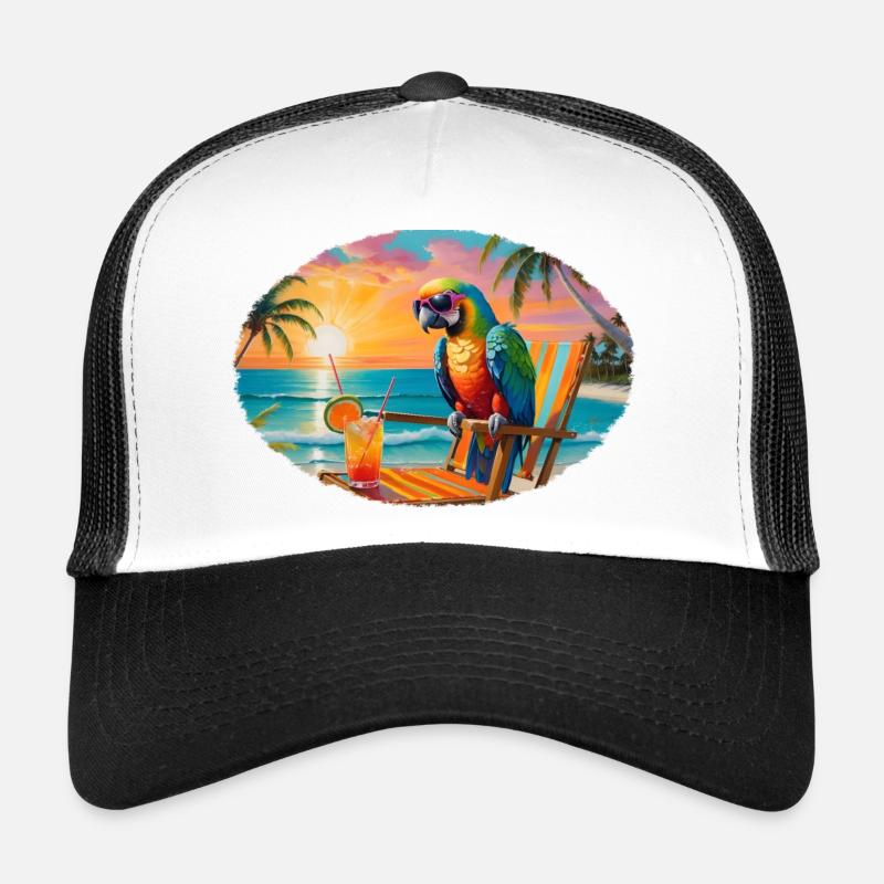 Perroquet sur la plage au coucher du soleil Casquette trucker 