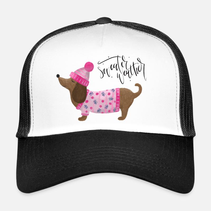 Dackel mit Pullover und Mütze Sweater Weather pink - Trucker Cap - Weiß/Schwarz