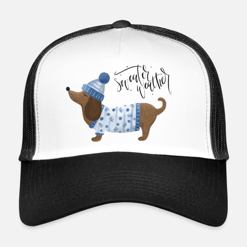 Dackel mit Pullover und Mütze Sweater Weather blau Trucker Cap