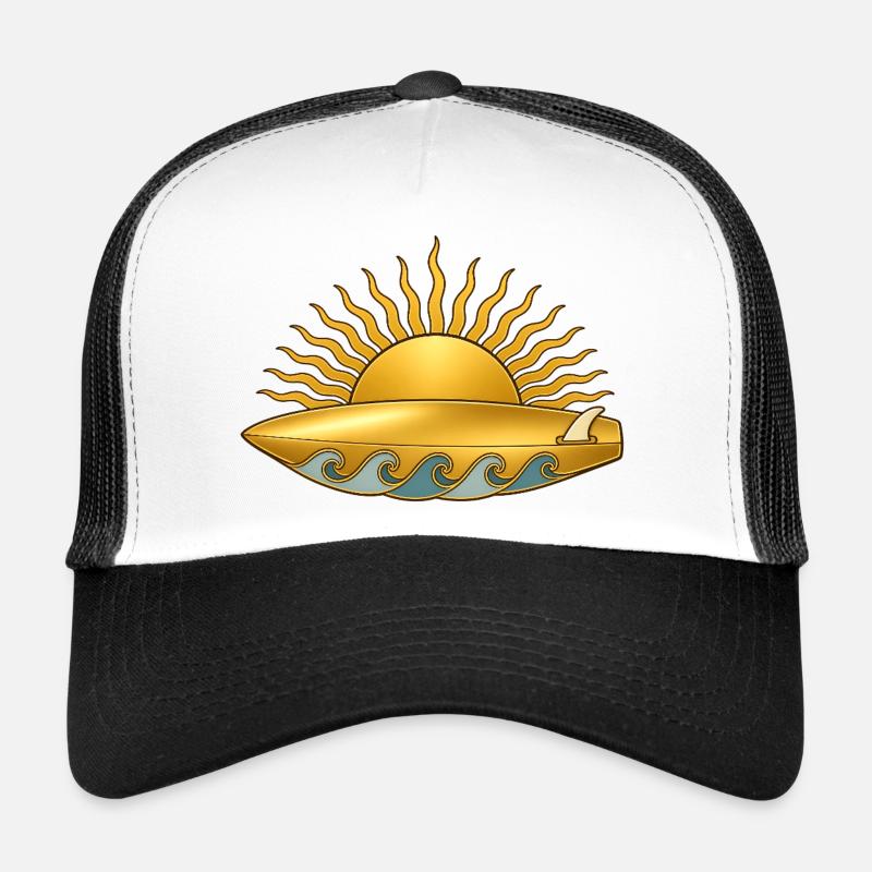 Soleil doré avec planche de surf et vagues de mer Casquette trucker 