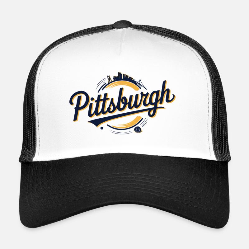 Pittsburgh Skyline and Bridge Script Logo in Bold Trucker Cap