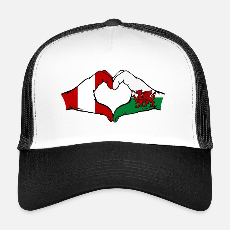 Pérou Pays de Galles Drapeau Mains Coeur Forme Casquette trucker 