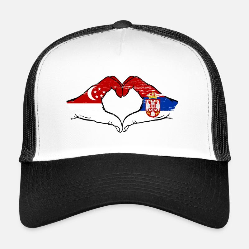 Singapour Serbie drapeau mains forme de coeur utilisé - Casquette trucker  - blanc/noir