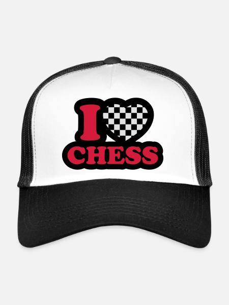 I love chess - J'aime échecs. - Casquette trucker  - blanc/noir - Devant