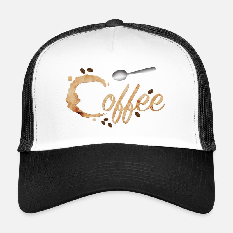 Coffee stain typography with coffee beans and spoons Trucker Cap