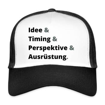 Idee & Timing & Perspektive & Ausrüstung Dunkel - Trucker Cap - Weiß/Schwarz - Vorne