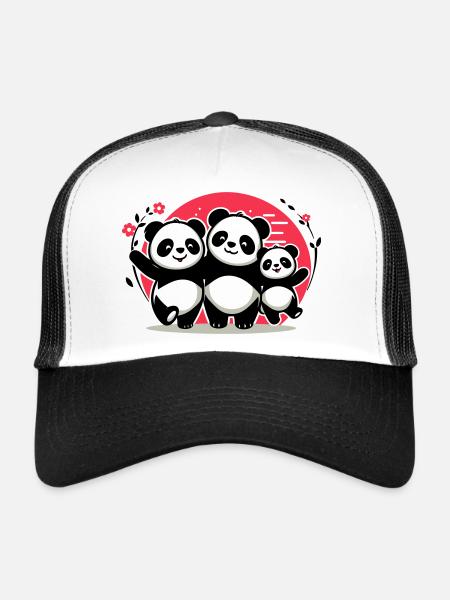 Famille Pandas - 1 parent 2 enfants - Casquette trucker  - blanc/noir