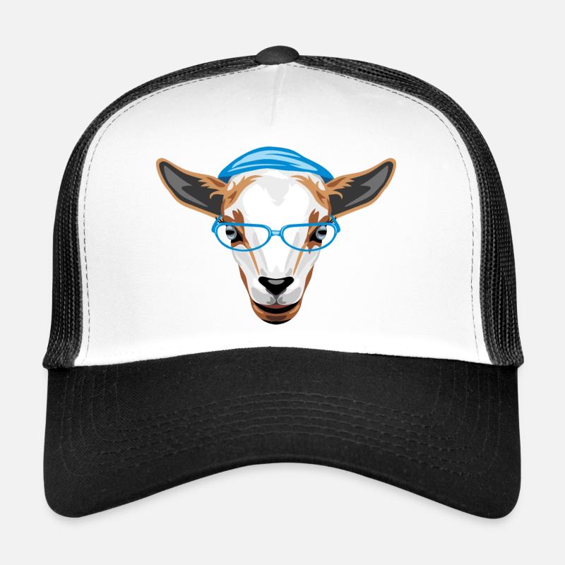 Kluge junge Ziege mit blauem Hut und Brille Trucker Cap