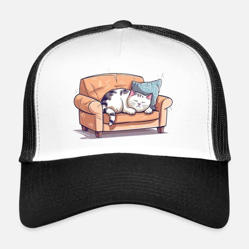 Cat Oversleeping Tired Couch Sofa Funny Cartoon Trucker Cap